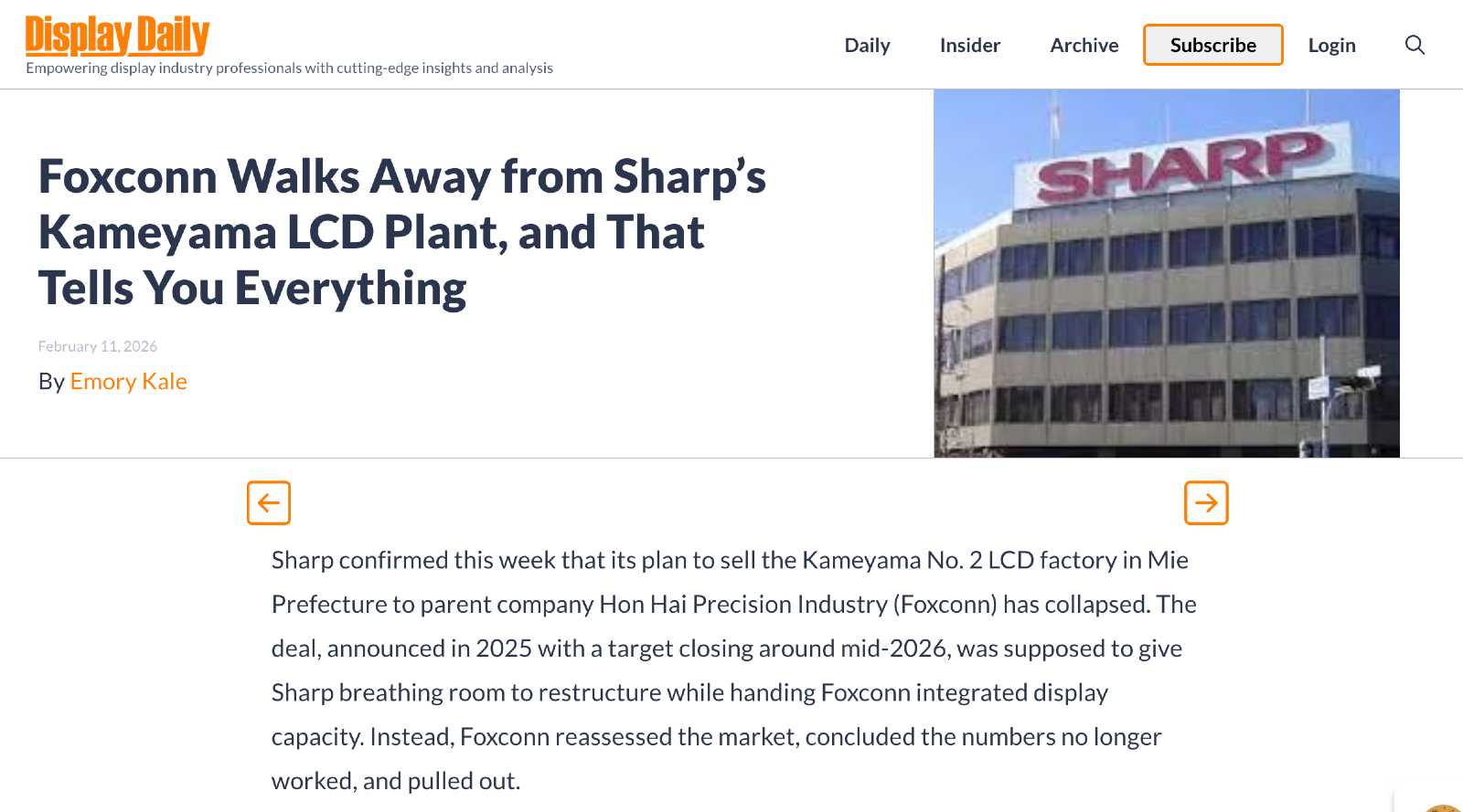 LCD를 개발한 Sharp가 LCD 공장을 폐쇄하네요.