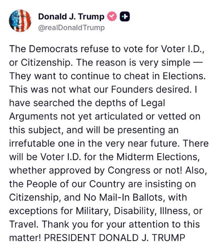 트럼프 "중간선거 때는 무조건 투표소에 신분증 갖고 오게 하겠다"