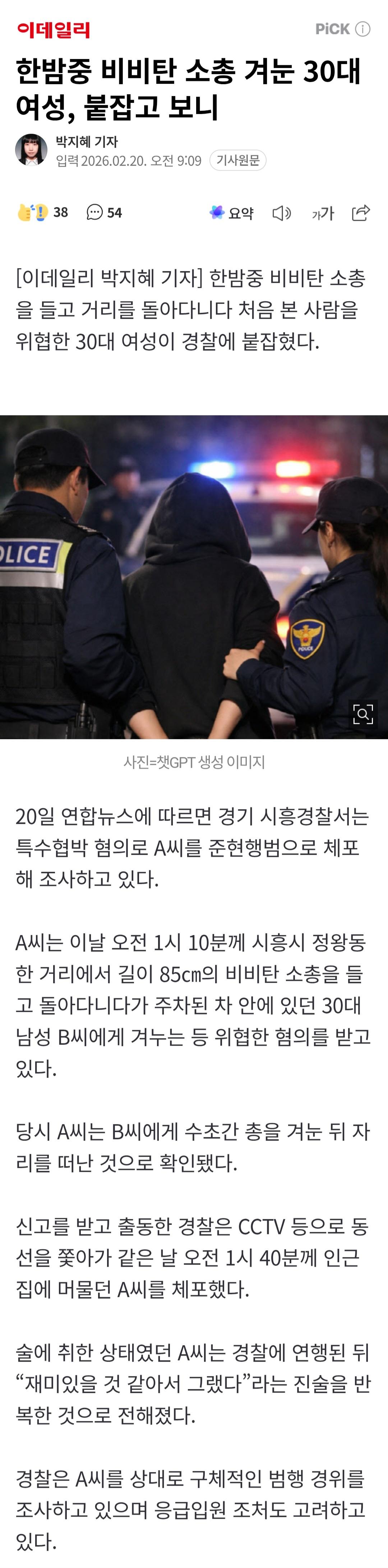 한밤중 비비탄 소총 겨눈 30대 여성, 붙잡고 보니