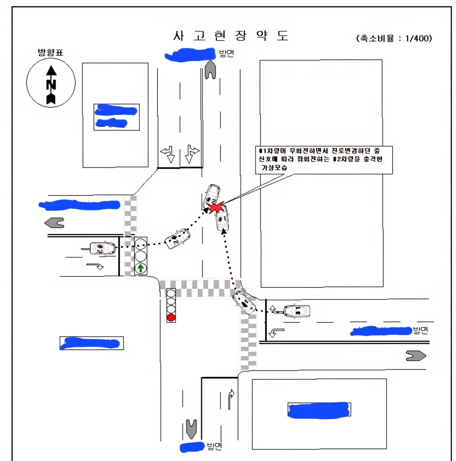 교차로에서 신호받아 좌회전하는 차와 우회전하는 차 사고