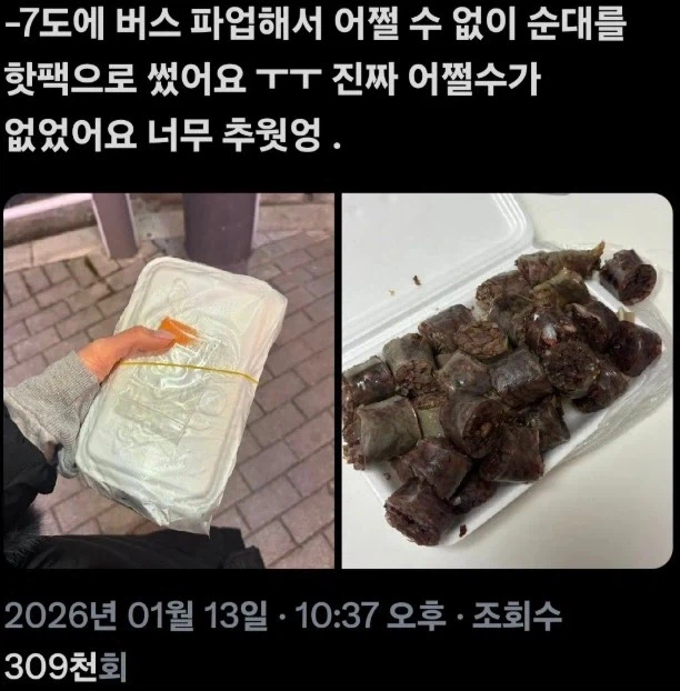 너무 추워서 어쩔 수 없이 순대를 샀어요