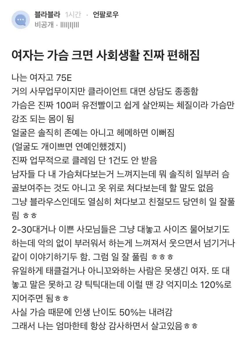 가슴이 커 사회 생활 편하다는 블라인