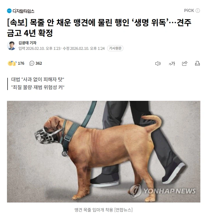 목줄 안 채운 맹견에 물린 행인 ‘생명 위독’…견주 금고 4년 확정_1.webp